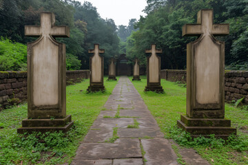 Fototapeta premium Historic cemetery pathway lined with weathered stone crosses surrounded by lush greenery in a forest 