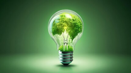 A tree growing inside a clear lightbulb, symbolizing the harmony between green energy and nature. The bright green background emphasizes sustainability and environmental conservation.. AI Generation