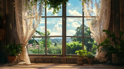 A traditional wooden window adorned with lace curtains, overlooking a serene countryside landscape...