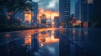 Obraz premium City street background in the evening after rain