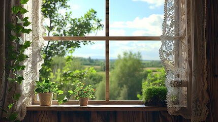 A traditional wooden window adorned with lace curtains, overlooking a serene countryside landscape...