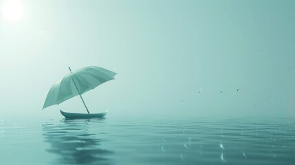 Boat with umbrella sails calm water under hazy sun.