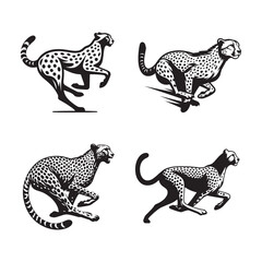 4 Set of Black Running Cheetah Silhouettes Isolated on White Background