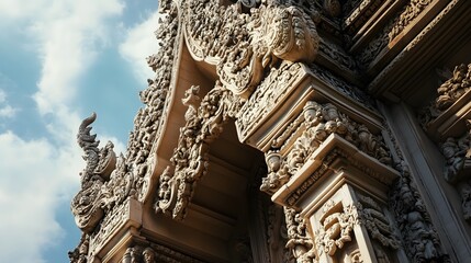 Fototapeta premium Close-up of the intricate carvings on the Sanctuary of Truth in Pattaya, glowing under a bright blue sky, in 4K resolution