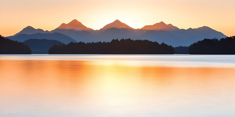 Obraz premium A serene landscape featuring mountains silhouetted against a sunset, reflecting on a calm body of water. Concept Mountain Silhouette, Serene Sunset, Calm Water Reflection, Nature's Beauty
