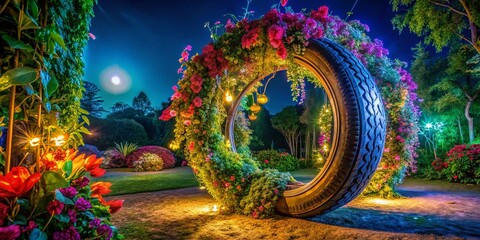 Obraz premium Night Bloom: Tire Art Sculpture Illuminated by Moonlight in Lush Nature