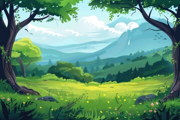 A Picturesque View of a Lush Mountain Landscape with Two Trees in the Foreground