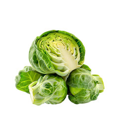 Obraz premium Brussels sprouts cabbage close up green fresh vegetable. Brussels cabbage food cut out. Vegetable for diet and healthy eating. Small head cabbage isolated on transparent background