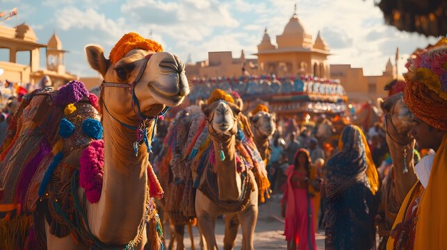 Multiple angles of the vibrant Pushkar Camel Fair, focusing on decorated camels and traditional attire, in 4K resolution