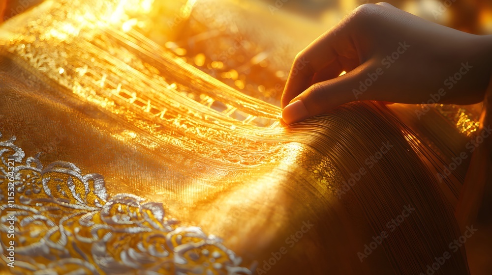 Aufkleber close-up of a hand weaving a traditional silk saree, with intricate gold patterns glowing under soft