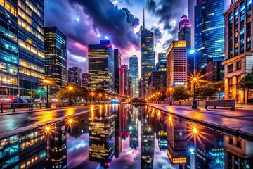 Obraz premium Night Cityscape Photography: Illuminated Buildings and City Lights at Night