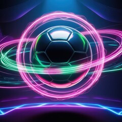 A glowing futuristic soccer ball surrounded by vibrant neon rings against sci-fi stadium background