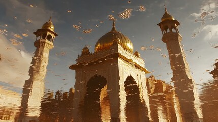 Low-angle shot of the intricate domes of the Golden Temple reflecting on the Amrit Sarovar, in 4K resolution