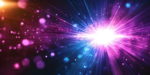 Fototapeta premium A vibrant burst of light with rays and particles in shades of pink, purple, and blue, creating a dynamic, cosmic effect. Concept Cosmic Light Explosion, Vibrant Color Palette, Particle Effects