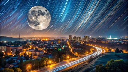 Fototapeta premium Night Half Moon Crescent Over Dark Cityscape