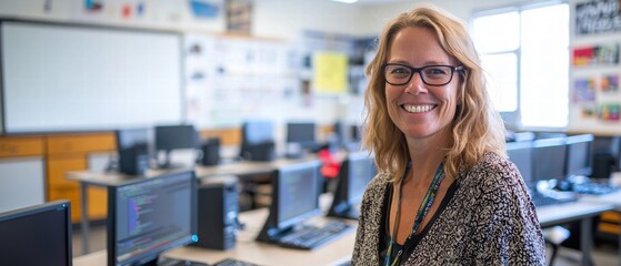 Smiling middle-aged Caucasian female educator in a modern classroom setup.