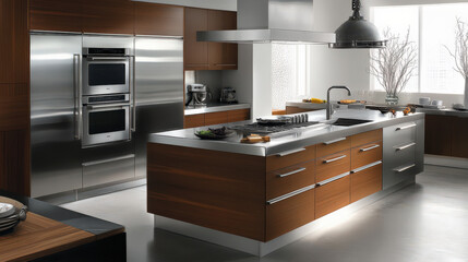 Sleek modern kitchen design stainless steel appliances island wood cabinetry minimalist contemporary bright spacious