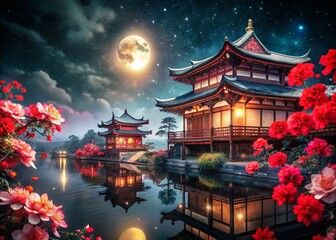 Fototapeta premium Night Photography: Abstract Asian Watercolor Pattern with Red Flowers
