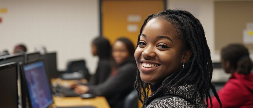 Joyful young Black woman engaging with technology in a computer lab.