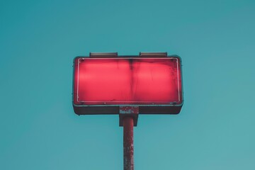 Glowing red signage standing tall against a vibrant teal sky, creating a striking visual contrast