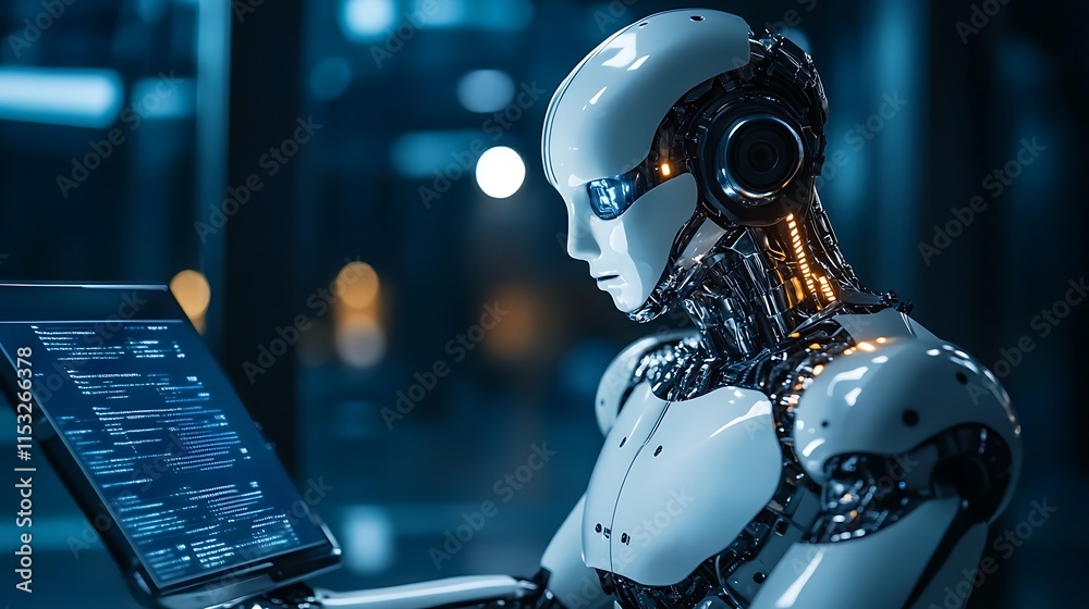 Poster futuristic white robot is deeply engrossed in analyzing data displayed on a laptop screen for image 
