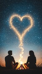 Obraz premium Romantic couple under starry sky with glowing heart smoke and romantic couple at romantic couple campfire ,romantic starry campfire,heart smoke love scene, night couple silhouette glow