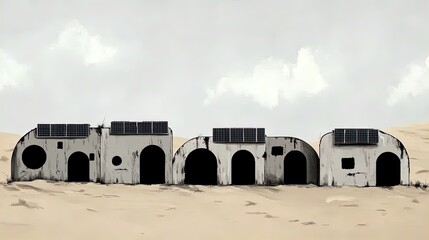 minimalist futuristic desert residential complex: a poster for sustainable living with solar panels and earthy tones, perfect for inspiring modern interior designs