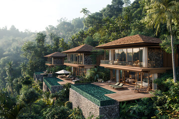 Naklejka premium Luxury Tropical Villas Nestled in Lush Mountain Landscape