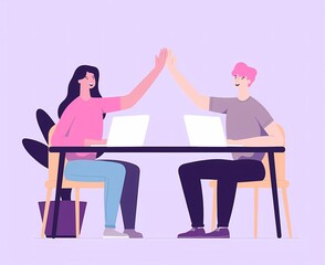 Fototapeta premium Flat Illustration of Diverse Collaboration: High-Five Teamwork at Work Desk
