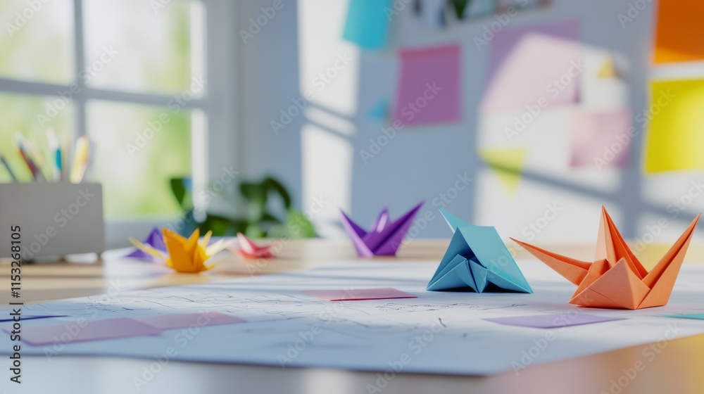 Aufkleber A serene origami workspace with colorful paper and folding instructions neatly arranged on a clean table, A bright room with soft natural light and organized supplies, Minimalist craft style
