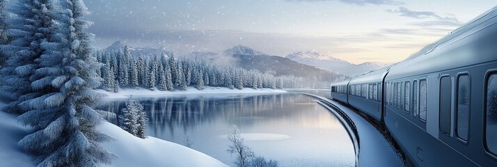 Winter Journey: 3D Render of Train Approaching Snowy Lake. Abstract Creative Pattern for Book Cover Design. High-Quality Landscape with Pine Trees and Depth of Field for Marketing Backgrounds.