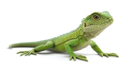 Obraz premium A vibrant green lizard poses against a white background
