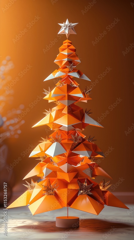 Poster Stylized Christmas tree made by an architect using only geometric shapes. Orange Background.
