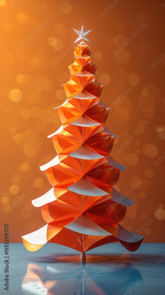 Poster Stylized Christmas tree made by an architect using only geometric shapes. Orange Background.
