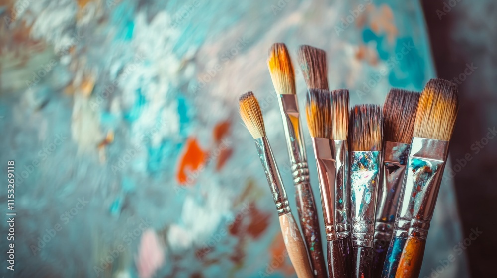 Poster a serene painting session in a countryside art studio, paintbrushes and canvases arranged for artist