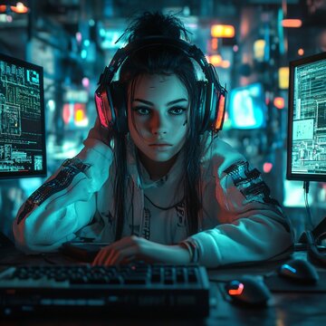 Cyberpunk girl in headphones beside computer
