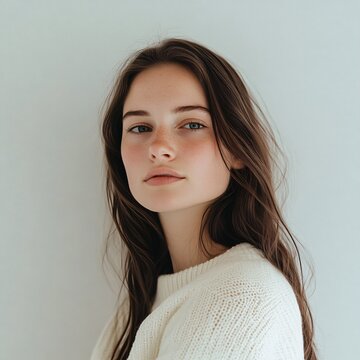 woman long hair in a white sweater on a white background
