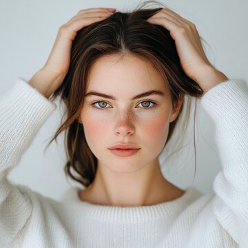 woman in a white sweater with freckles on her face on a white background
