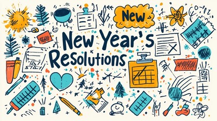 Hand-Drawn Illustration of Creative New Year's Resolutions and Goals with Colorful Doodles and Icons