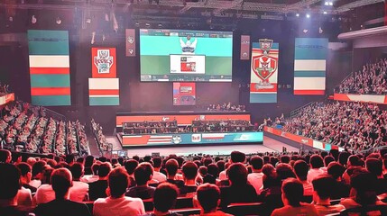 captivating professional esports arena: a dynamic atmosphere filled with fans & led screens – perfect for sporty interior posters!