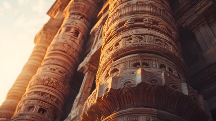Low-angle shot of Pe Qutub Minar in Delhi, wiP intricate carvings glowing under Pe golden hour light, in 4K resolution