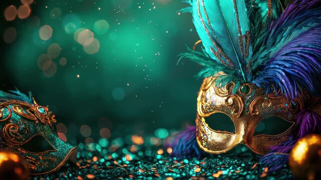 Vibrant feathers in festive Mardi Gras colors with sparkling bokeh background with copy space