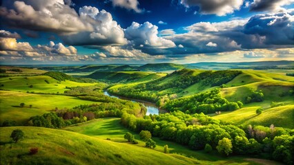 Obraz premium Niobrara State Park Spring Landscape: Double Exposure of Green Hills and Blue Sky