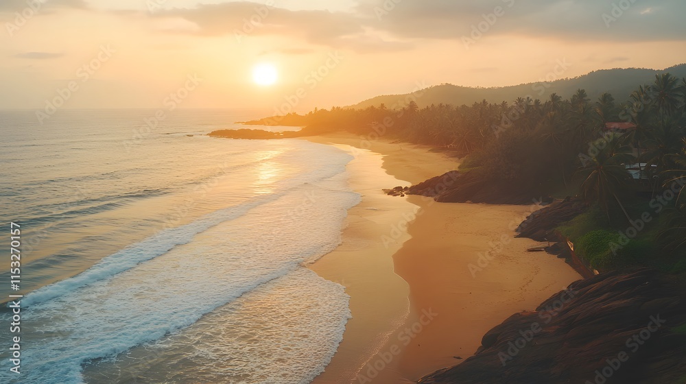 Poster multiple angles of pe serene beaches of goa, wip golden sands and vibrant sunsets glowing under soft