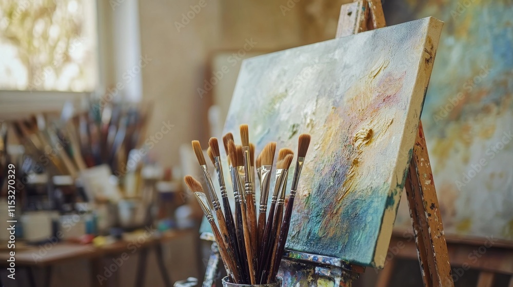 Poster a serene painting session in a countryside art studio, paintbrushes and canvases arranged for artist