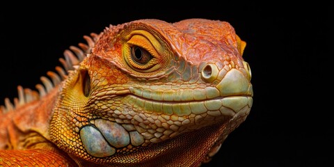 Close up of a smiling reptile, featuring an orange and green iguana, captured in isolation against a black background, showcasing the amusing characteristics of this funny animal.