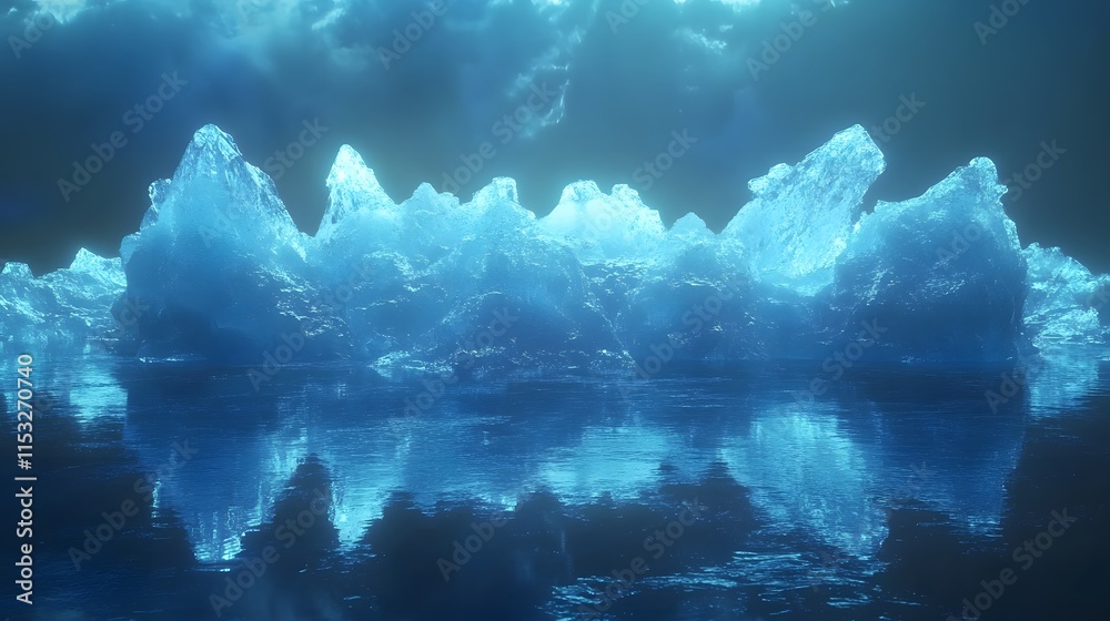 Poster multiple angles of icebergs floating in jokulsarlon glacier lagoon, wip vibrant blue tones glowing u
