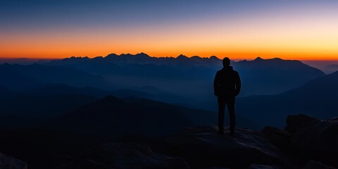 Fototapeta premium Silhouette of a man against the stunning backdrop of sunrise in the mountains, capturing the serene beauty and tranquility of nature as the day begins among the mountain peaks.