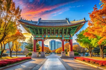 November 2020: World Peace Gate, Seoul Olympic Park, South Korea - Autumn Scenery