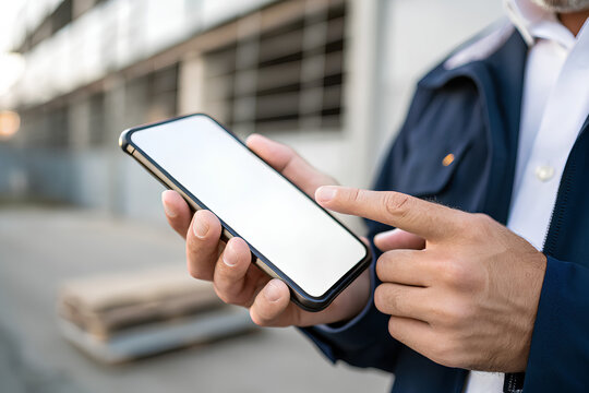 Hands of Male general Engineer holding modern smart phone showing blank screen